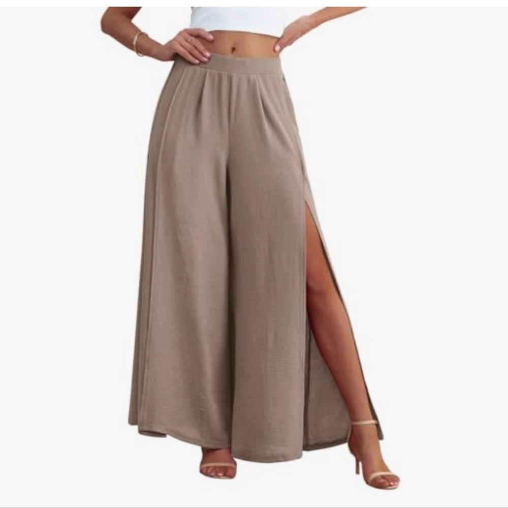 POKWAI Split Wide Leg Pants for Women Beach Vacation High Waist Lightweight